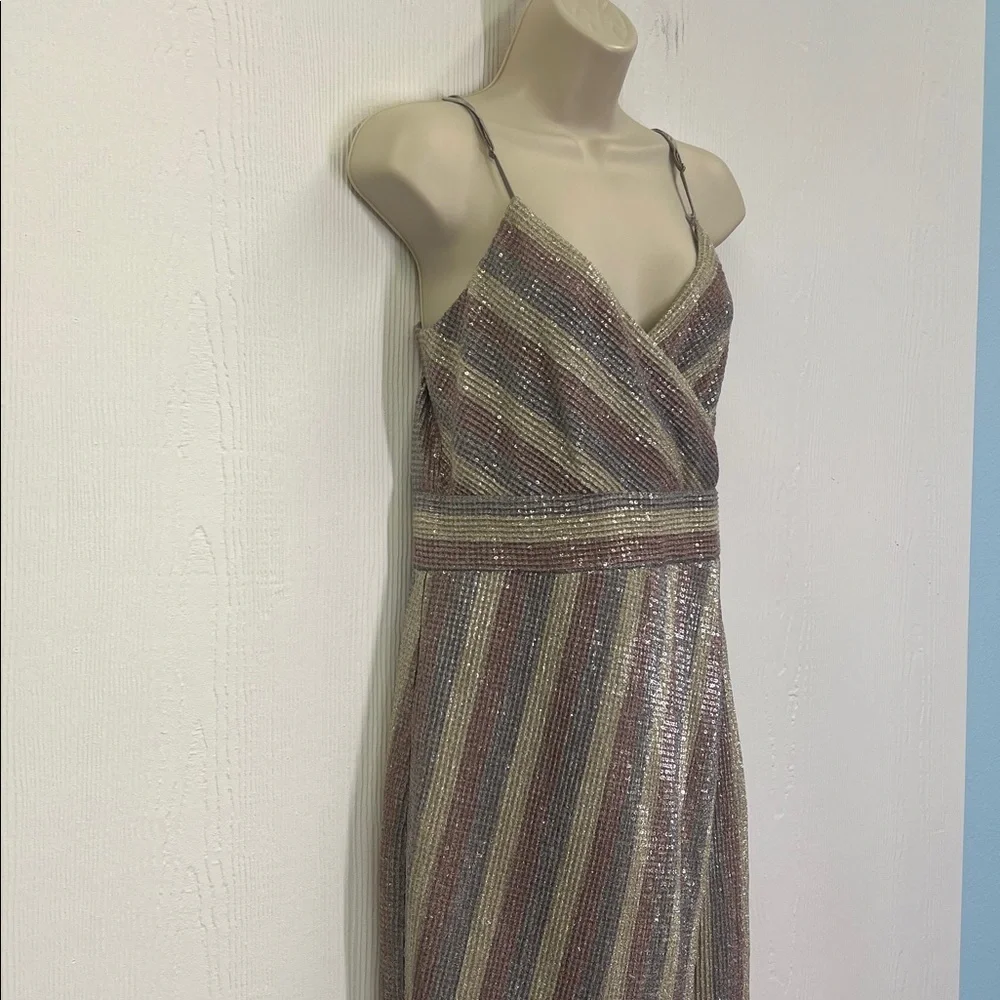 Saylor - Meghan Multi Colored Sequin Stripped Faux Wrap Midi Dress Size Small